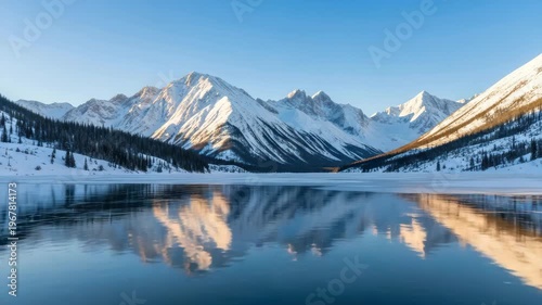 Snow covered mountains reflect in calm lake waters under a clear blue sky
