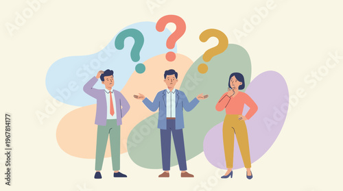 Three confused corporate executives and project managers standing with question marks above heads, ideal for business problem solving, faq website banner and corporate strategy presentations