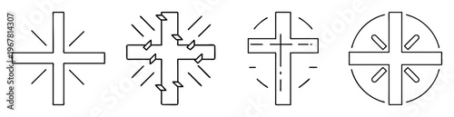 Four variations of a cross symbol in black and white line art