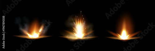 Gun flashes with smoke and fire sparkles. Pistol shots clouds, muzzle shotgun explosion. Blast motion, weapon bullets trails isolated on black background.
