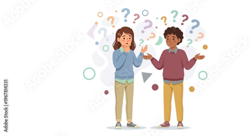 young office manager and financial analyst looking confused with question marks for problem solving, ideal for training modules, strategy presentations and corporate management blogs