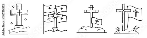 Assortment of outlined religious Christian memorial crosses standing on small patches of earth