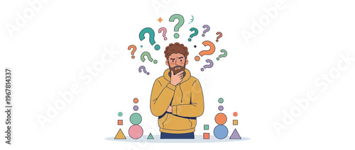 Pensive male data analyst in yellow hoodie surrounded by question marks and colorful geometric shapes representing confusion, ideal for problem solving blogs, education and marketing