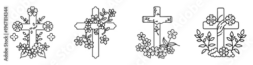 Four Christian crosses decorated with floral designs in outline drawing style