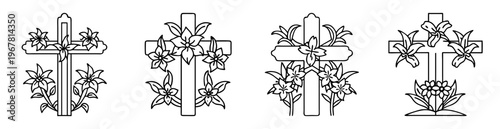 Collection of Christian Crosses adorned with blooming flowers in outline style