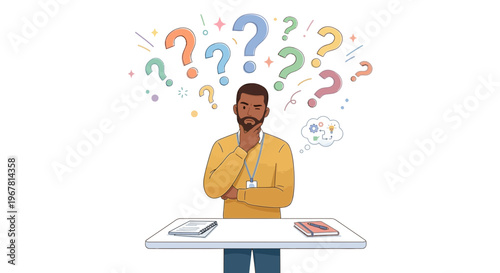 Pensive black business analyst at desk surrounded by colorful question marks and brainstorming thought bubble, ideal for problem solving concepts, decision making and strategic planning