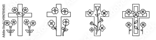 Four Christian crosses with flower illustrations, line art design, simplistic design
