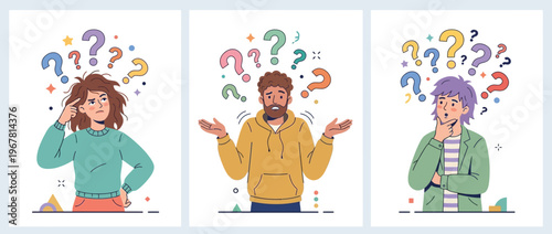 Confused young creative project managers and startup founders surrounded by colorful question marks in flat vector style, ideal for business problem solving, faq pages and decision making