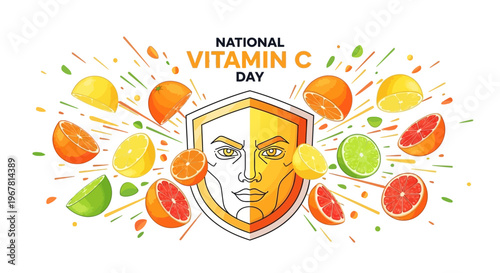 Illustration for National Vitamin C Day with a shield logo surrounded by various citrus fruits like oranges, lemons, and limes in a colorful, dynamic design conveying immune system support