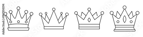 Line art illustration of four different simplistic crown designs side by side