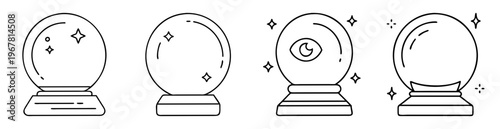 Four mystical crystal balls on stands with magical elements surrounding them