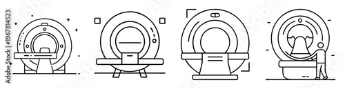 Four different line art illustrations of Magnetic Resonance Imaging machines scanners