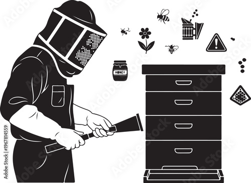 Beekeeper wearing protective suit smoker and hive with