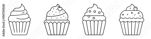 Simple Line Art Illustration of Four Different Cupcakes with Various Toppings
