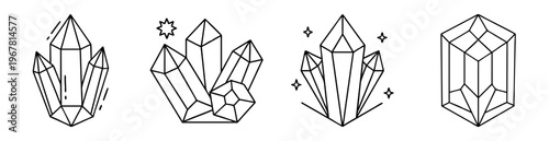 Stylized collection of various black outline crystal formation illustrations on a white background