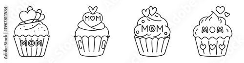 Four line art cupcakes with hearts and the word Mom for mothers day
