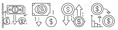 Money management icons depicting investment, financial transactions, revenue generation and economic growth