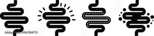 Digestive system icons with stylized intestine designs, medical health illustrations showing activity, microbiota, scan layers, and gastrointestinal process visuals for healthcare and education