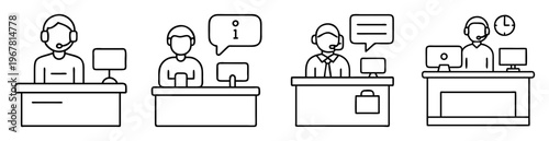 Four customer service representative outline icons with desks and computer screens
