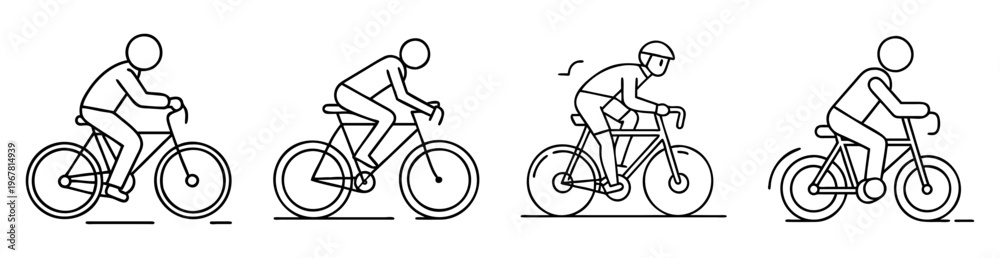 Naklejka premium Four minimalist illustrations of cyclists, showcasing different styles and silhouettes