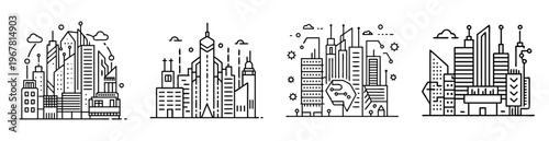 Futuristic cityscape design featuring interconnected buildings with stylized geometric details and elements