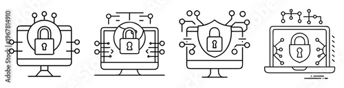 Conceptual data protection, cybersecurity, encryption, network security, and information technology icons