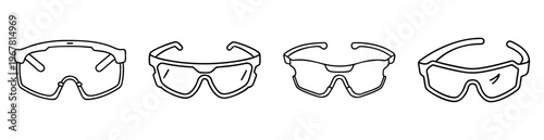 Outline illustration of several protective eyewear of differing styles and perspectives