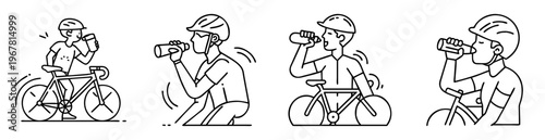 Four outline drawings of cyclists drinking water from bottles during exercise