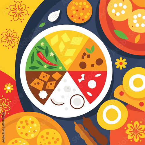 Colorful sections of various foods.