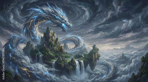 Dragon of Clouds and Lightning Soaring over Mystical Floating Islands
