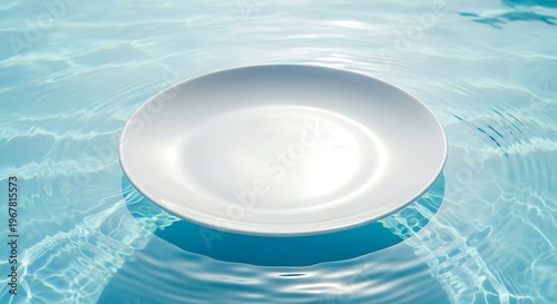 Floating plate in turquoise water, a serene, minimalist aquatic design