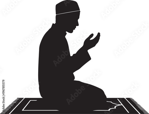 Black silhouette man praying on prayer mat