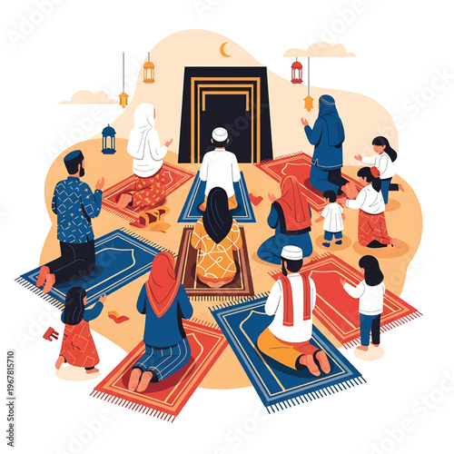 People praying on colorful rugs together.