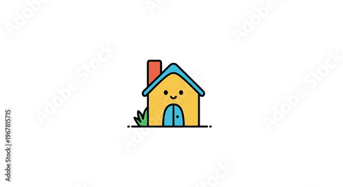 Yellow house with blue door smiling.