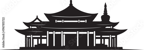 Black silhouette of a chinese temple white background