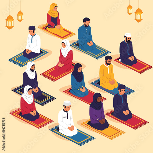 Diverse Muslim people praying together.