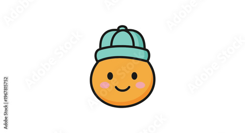 Smiling orange cartoon face wearing hat.