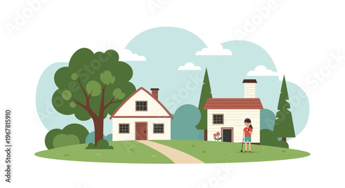 Woman standing in front of house.