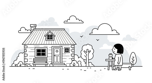 Woman Sitting at Outdoor Wooden Table.