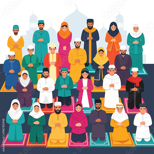 Diverse Muslim Community Praying Together.