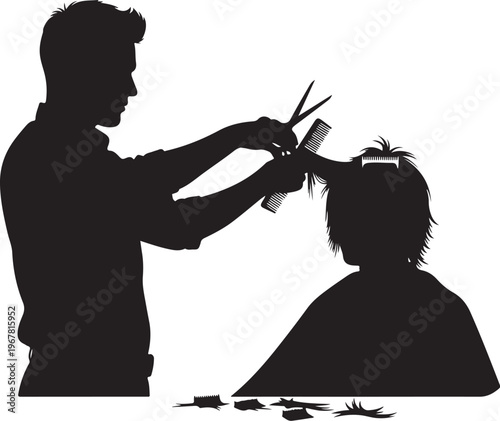 Black silhouette of barber cutting hair haircut scissors
