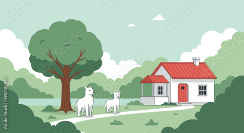 Two white llamas standing together outside.