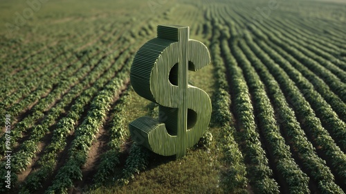 Large dollar sign standing in a green agricultural field representing farm profit.