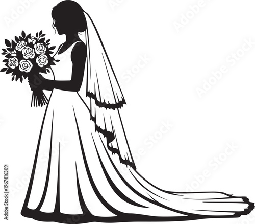 Black silhouette of bride holding bouquet of roses