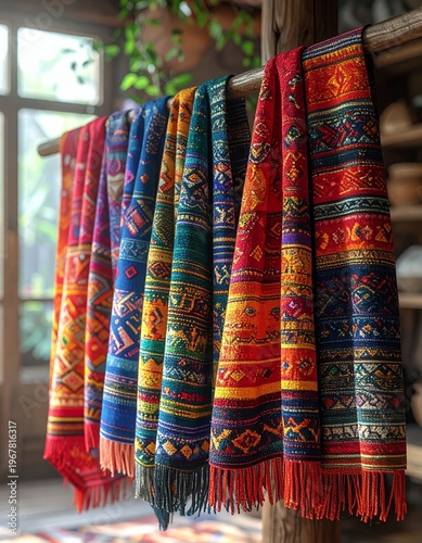 Vibrant Handwoven Textiles Displayed in a Rustic Setting.