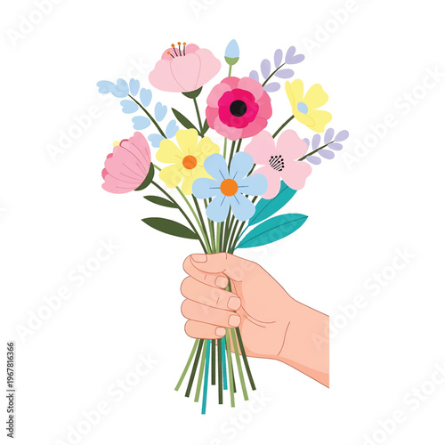 Hand holding colorful bouquet flowers.