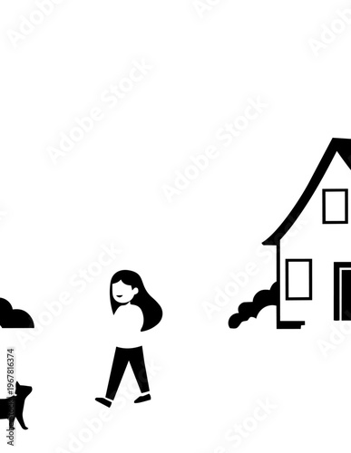 Woman walks with dog home.