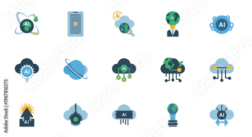 Artificial Intelligence Icons Set - AI Technology, Cloud Computing, Global Network
