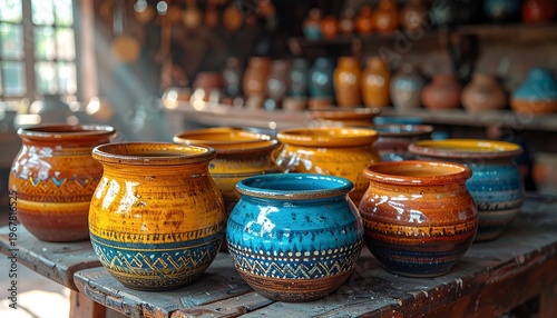 Vibrant Hand-Painted Pottery Collection Displayed on a Wooden Table.