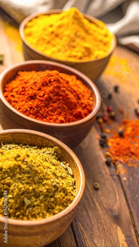 Vibrant Spices in Wooden Bowls on Rustic Table.